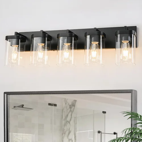 Vista 11 de Lámparas de baño de 3 luces sobre espejo, luces de tocador de níquel cepillado con pantalla cuadrada de vidrio transparente. Moderna lámpara