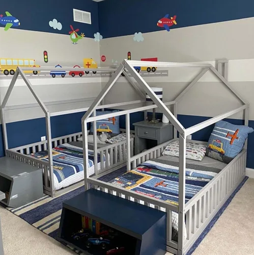 Vista 7 de Cama para niños pequeños con rieles, Cama en forma de casa, Cama Montessori con rieles, Cama para niños, Cama de casa, Cama de piso para niños, Cama