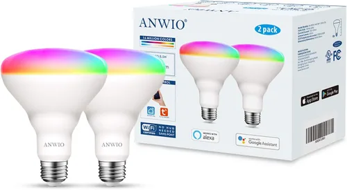 Vista 2 de ANWIO Bombilla inteligente BR30 RGB que cambia de color, LED, WiFi, regulable, multicolor, base E26, compatible con Alexa, Google Assistant,