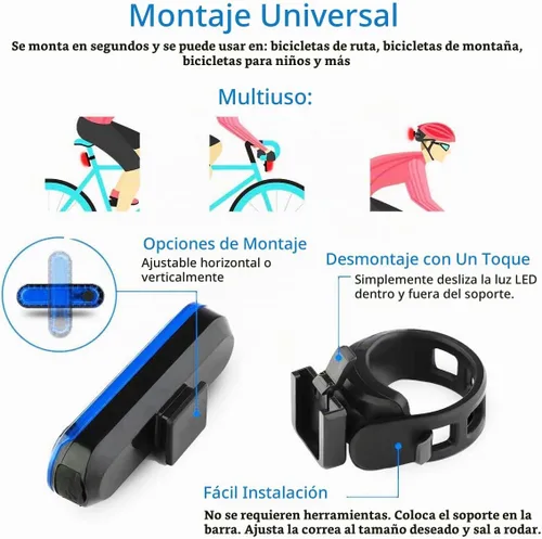Vista 6 de Paquete de 2 luces traseras azules para bicicleta, luces traseras de bicicleta recargables por USB, ultra brillantes, luz trasera LED de alta