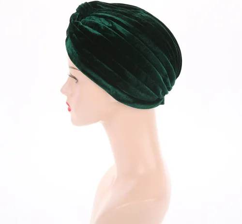 Vista 8 de Sombrero de quimioterapia de terciopelo plisado con volantes elásticos para mujer