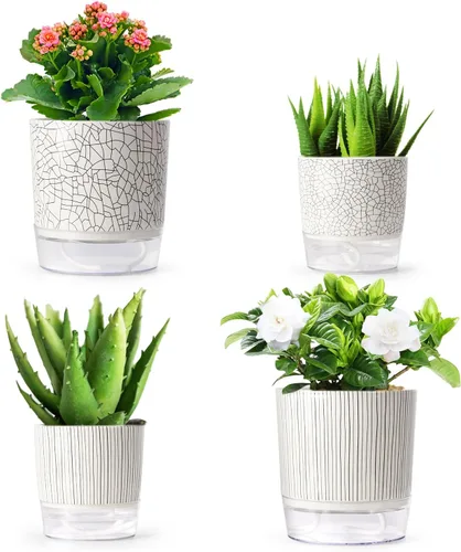 Vista 15 de Macetas de riego automático para plantas de interior, macetas, maceta de riego automático, 2 piezas de 4 + 5.3 pulgadas, rayas negras