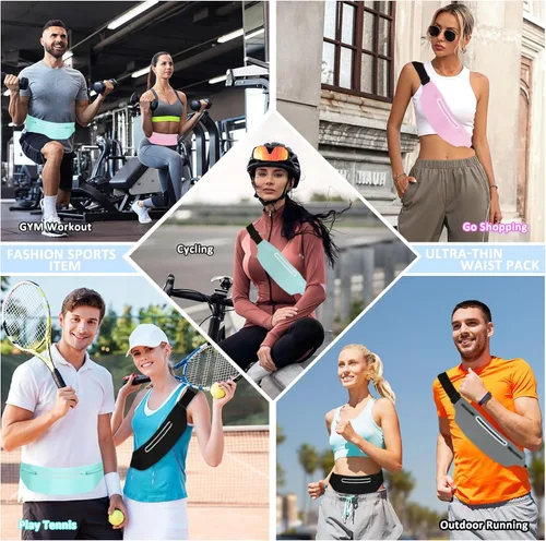 Vista 2 de Riñoneras para mujeres, riñonera impermeable para hombres, cinturón ajustable para correr, riñonera de bolsillo delgado expandible, bolsa