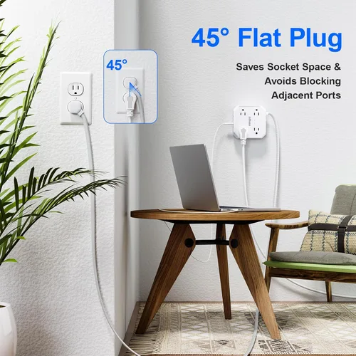 Vista 7 de Protección contra sobretensiones y regleta de enchufes, 8 tomas con 4 puertos USB (2 USB C), extensor de enchufes de 4 lados de 1050J con cable