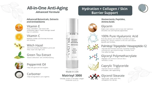 Vista 2 de Vernal hidratante anti edad Todo en uno con tetrapéptidos y Vitamina C, la mejor crema anti arrugas, humectante diario, 1.0 onza. Smoother Firmer