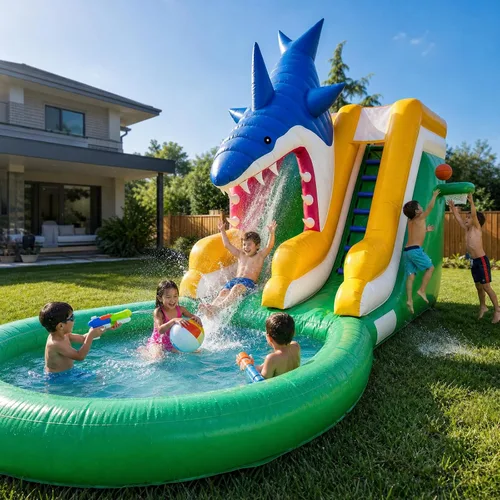 Vista 12 de Tobogán acuático inflable para adultos, tobogán acuático 100% de PVC de 21 pies con piscina grande, tobogán ancho con piscina poco profunda