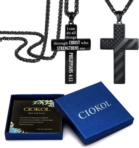 Vista 6 de Regalos para adolescentes y novios, cadena negra de bandera estadounidense para hombre, collar con colgante de cruz para hombre, regalos