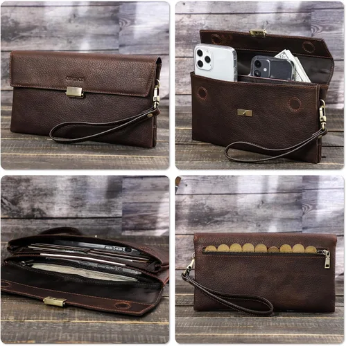Vista 11 de Funda de piel de grano superior para hombre y mujer, múltiples bolsillos/ranuras, RFID de gran capacidad para tarjetas, cheques, dinero, pasaporte