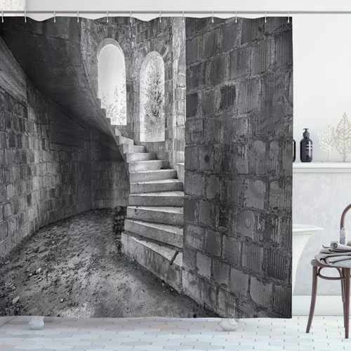 Vista 141 de Ambesonne Cortina de ducha a rayas, código de barras, software de datos, obra de arte lineal, unidimensional, juego de decoración de baño de tela