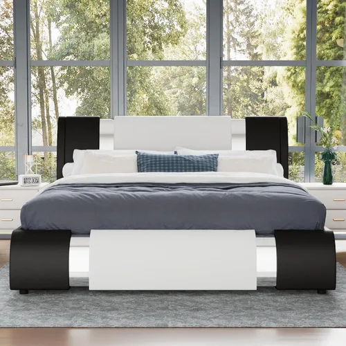 Vista 7 de WEEWAY Base de cama tamaño Queen con decoración moderna de piezas de hierro, cama de plataforma de piel sintética con cabecera ajustable curvada