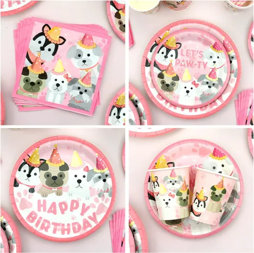 Vista 4 de KEFAN Suministros de fiesta de perro, vajilla de cumpleaños de pata de perro rosa, incluye platos de perro rosa, vasos, servilletas, mantel, telón