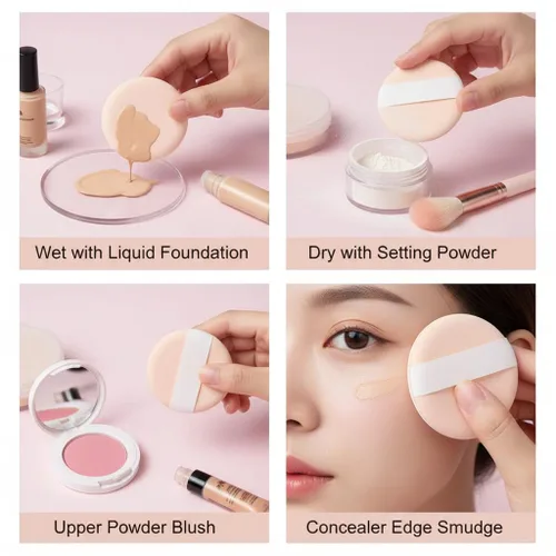 Vista 4 de 1 juego de 7 piezas de cojín de aire multifuncional, esponja de huevo para maquillaje en seco y húmedo, reutilizable, base de crema BB crema