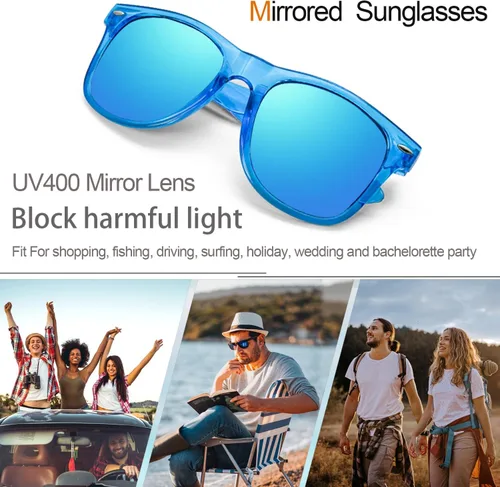 Vista 7 de Paquete de 1224 gafas de sol espejadas coloridas con marco transparente de neón retro de los años 80 y 90 a granel para hombres y mujeres