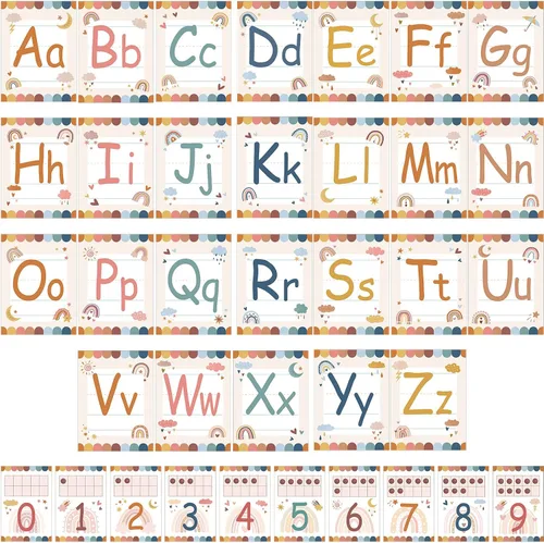 Vista 7 de Juego de 36 tablones de anuncios con números del alfabeto bohemio, tarjeta del alfabeto ABC y tarjeta de números del 0 al 9, decoración de pared