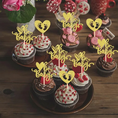 Vista 4 de 24 piezas Oh Baby para cupcakes para el día de San Valentín con purpurina de corazón de amor dulce para pies de bebé, para el día de San Valentín