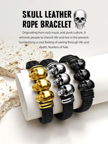 Vista 7 de Pulseras de cuero trenzado de calavera gótica para hombres y mujeres, acero inoxidable 316L, chapado en oro de 18 quilates, pulsera de cuero tejida