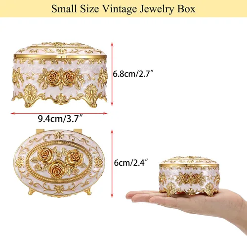 Vista 2 de Hipiwe Joyero de metal vintage, organizador ovalado con diseño de rosas, caja de almacenamiento para anillos, aretes, collar, regalo para mujeres