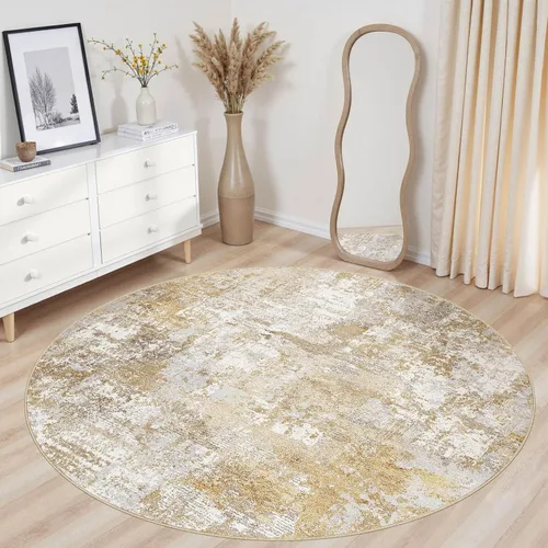 Vista 4 de Tortania Alfombra redonda lavable de 5 pies para sala de estar: Alfombra moderna abstracta neutra grande suave y delgada – Alfombra antideslizante