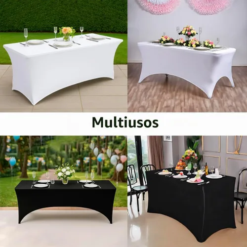 Vista 6 de Paquete de 2 manteles de elastano negro de 6 pies – Manteles ajustados – Mantel elástico de ajuste universal para mesas plegables – Sin arrugas