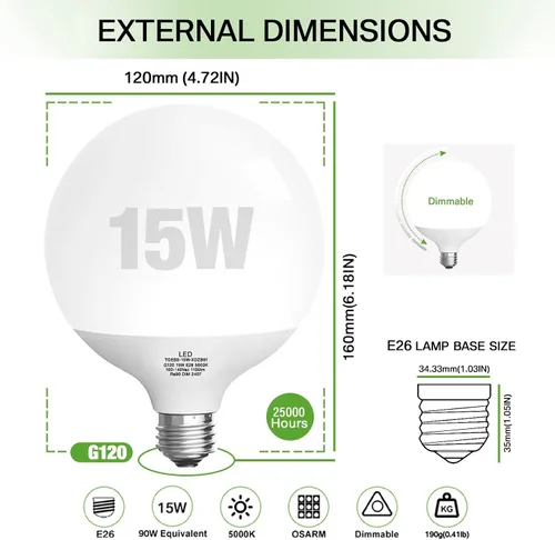Vista 2 de Bombilla LED, bombillas globo G120, bombillas de 15 W, bombilla regulable de luz diurna de 5000 K, lámpara grande con base E26, 1100 lúmenes