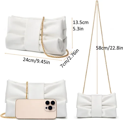 Vista 4 de Elegante bolso de mano con lazo para mujer, suave y plisado, bolsa de noche de poliuretano con cadena desmontable para fiesta de graduación, boda