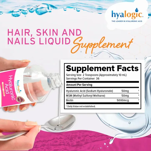 Vista 2 de Hyalogic Suplemento líquido de ácido hialurónico – Apoyo para un cabello, piel y uñas saludables con 5,000 mcg de biotina y 50 mg de MSM