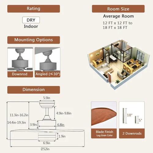 Vista 3 de Tangkula Ventilador de techo de 52 pulgadas con luz LED y control remoto, ventilador de techo interior para sala de estar, dormitorio, velocidad
