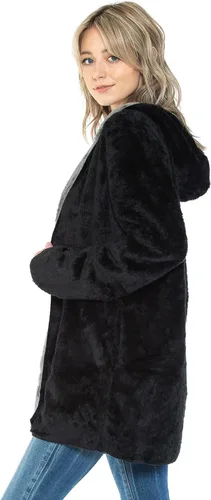 Vista 4 de Manta con capucha en forro polar grueso con bolsillo, color negro, tamaño grande, para mujeres y hombres, cálida y acogedora
