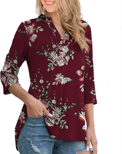 Vista 2 de Othyroce - Blusa estilo túnica con estampado floral para mujer, manga 34 enrollable, cuello en V