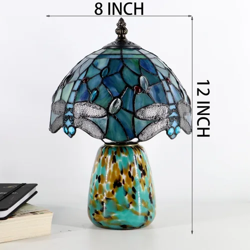 Vista 2 de Lámpara de mesa de hongo Tiffany estilo libélula lámpara de acento de vidrio teñido azul marino base de vidrio marrón azul 8X8X12 pulgadas