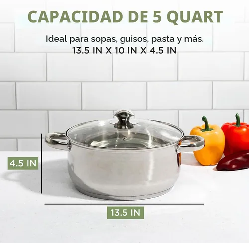 Vista 2 de Ecolution Olla de acero inoxidable, olla de cocción encapsulada lista para inducción con tapa de vidrio, apta para horno, olla de sopa apta