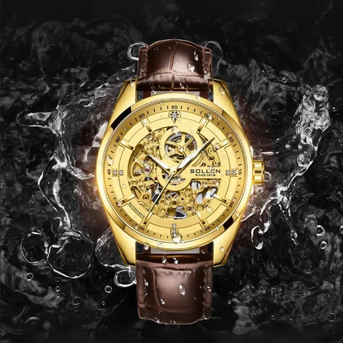 Vista 8 de SOLLEN Relojes dorados para hombre, reloj automático de cuerda automática, 3 ATM, resistente al agua, con movimiento original, 1.614 in, funda