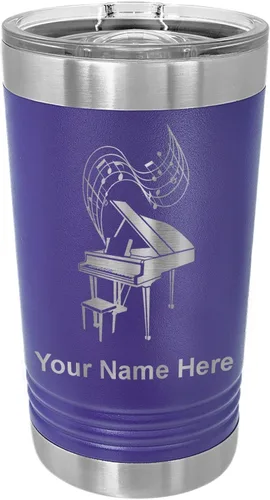 Vista 16 de LaserGram Vaso de pinta aislado al vacío de 16 onzas, piano de cola, grabado personalizado incluido (negro) Engraved Gift for Pianists, Vacuum