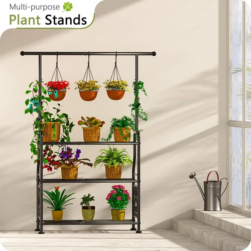 Vista 2 de GIOTORENT Soporte para plantas de interior, estante de metal resistente de 3 niveles para patio e interior, soporte alto para plantas que sostiene