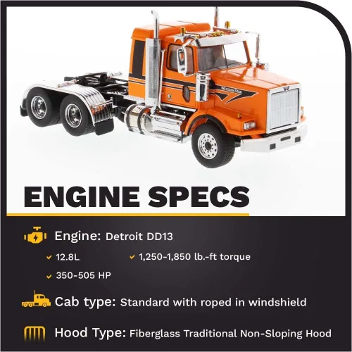 Vista 3 de Diecast Masters Western Star 4900 SB Sleeper Tandem Tractor - Cabina naranja metalizada con rayas negras 1/50