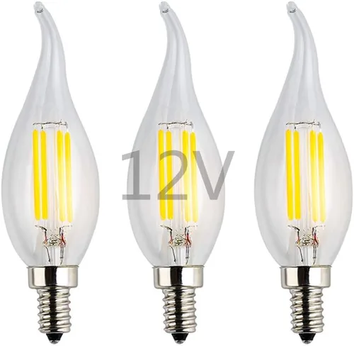 Vista 7 de Bombilla LED de bajo voltaje AC/DC de 12 V, 2 W, 200 lm, regulable con atenuador de CC, luz blanca cálida, base E12, punta de llama de vidrio