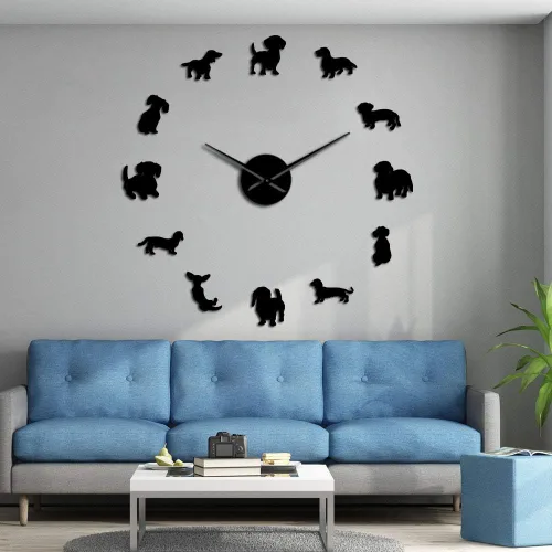Vista 8 de Gran 3D DIY Dachshund Reloj de pared sin marco con efecto espejo (negro)