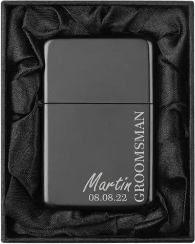 Vista 29 de Encendedor personalizado grabado en caja de regalo forrada en seda negra (Monograma circular 2, negro)