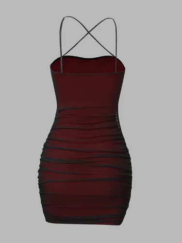 Vista 2 de SOLY HUX Women's Mesh Ruched Spaghetti Strap Criss Cross Backless Mini Bodycon Cami Dress