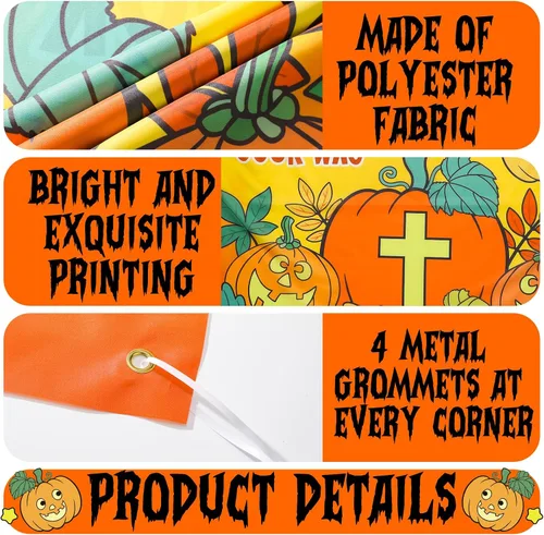 Vista 3 de Preboun 3 carteles de telón de fondo de calabaza cristiana de Halloween para fiestas, 40 x 60 pulgadas, decoración religiosa de tronco o trato