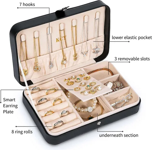 Vista 4 de KCY Organizador de joyero para mujeres y niñas 2 cajas pequeñas y grandes de piel sintética para guardar joyas aretes anillos collares pulseras