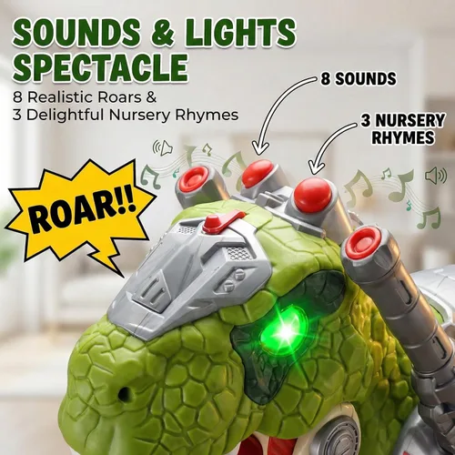 Vista 4 de Coches de Dinosaurio Montables para Niños, Juguetes Eléctricos con Música, Luz y Humo, Regalo para Niños de 3 a 5 Años, Patinete para Preescolar