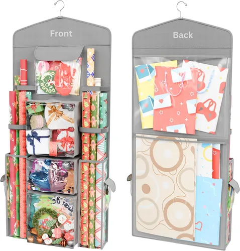 Vista 11 de ProPik Organizador de Almacenamiento de Papel de Regalo Colgante de Doble Cara con Múltiples Bolsillos Organiza tu Papel de Regalo, Bolsas
