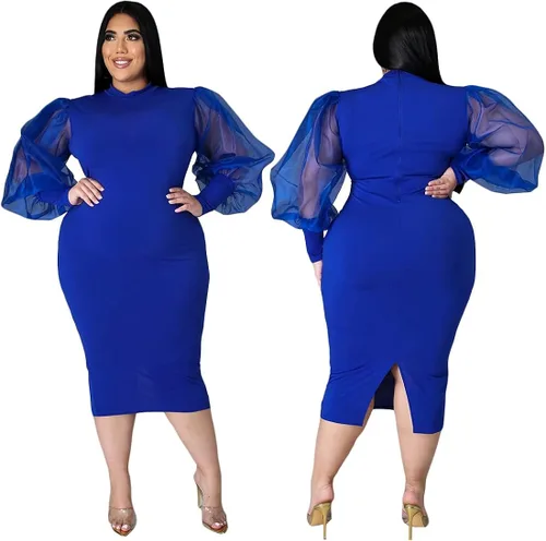 Vista 2 de OLUOLIN Vestidos elegantes de talla grande para mujer, de malla transparente, manga abombada, tipo túnica, bodycon
