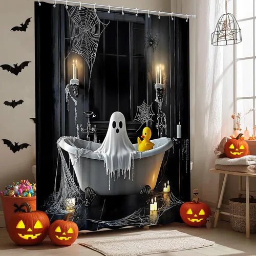 Vista 2 de Cortina de ducha de fantasma de Halloween, bañera de terror espeluznante, ventana gótica, telaraña, noche aterradora, decoración de baño, cortina