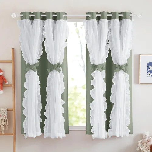 Vista 36 de PONY DANCE Cortinas con Volantes de Doble Capa con Superposición Transparente, Decoración Elegante para Ventanas de Diseño Rústico Francés de Campo