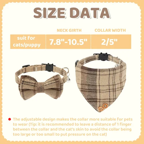 Vista 2 de Breakaway - Collares para gatos – Pajarita a cuadros y bandana para gatos con campana para niñas y niños, accesorios suaves y ajustables