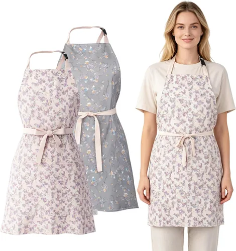 Vista 9 de Kitchen Apron, Double Sided Floral Adjustable Waterproof Apron with 2 Pockets for Baking, Salon, BBQ for Mom Wife