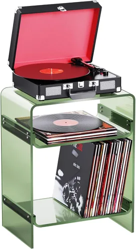 Vista 14 de Mesa de tocadiscos de acrílico con estante de almacenamiento, mesa auxiliar transparente mesita de noche (negro, mediano)
