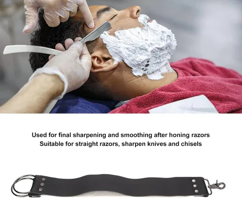 Vista 5 de Strop de cuero negro con ganchos de anclaje de latón para afilar cuchillos, rasurar corte recto, herramienta de limpieza duradera para maquinillas